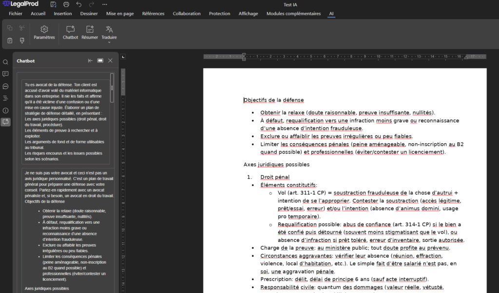 IA dans l'éditeur de document de LegalProd