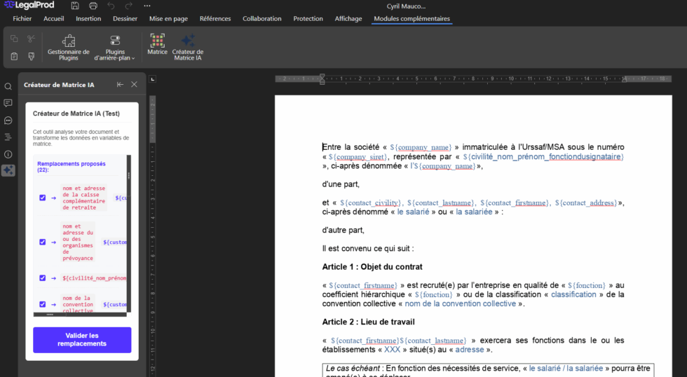 Création d’une matrice de document dans LegalProd