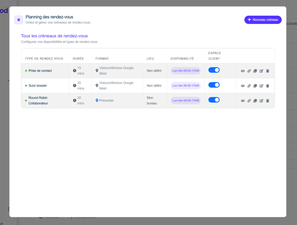 Planificateur, création de lien de prise de rendez vous