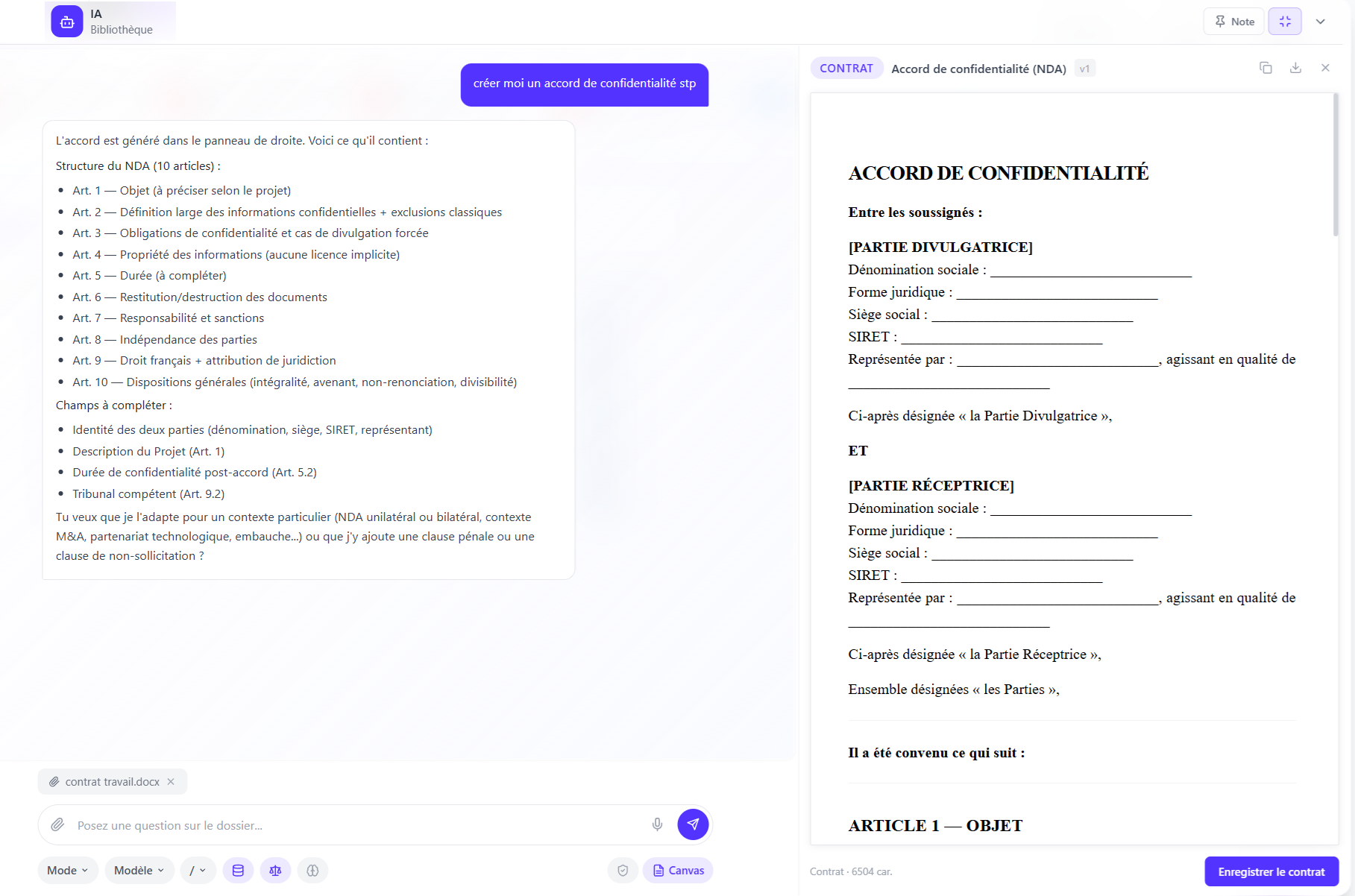 Crééation de document juridique avec l'IA de LegalProd