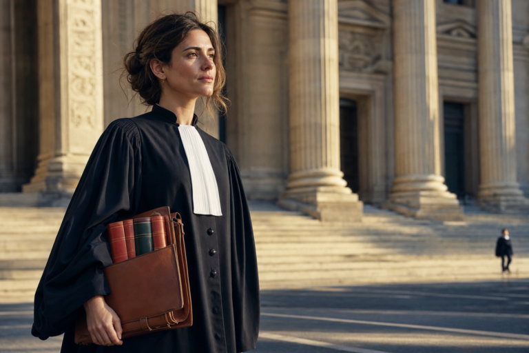 Avocate en robe devant le Palais de Justice, symbole du parcours du CRFPA à l'installation